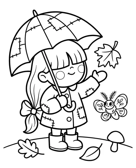Coloring page: Juni with her patchwork umbrella and a whyfly.