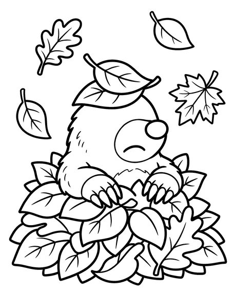 Coloring page: Dobbin the mole peeking out of a pile of leaves.