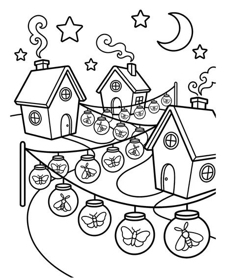 Coloring page: Lantern Lane: little houses strung with jar lanterns under the moon.